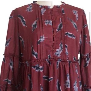 Dainty Jewells Maroon Burgundy Feather Pattern Tiered Dress Large Modest